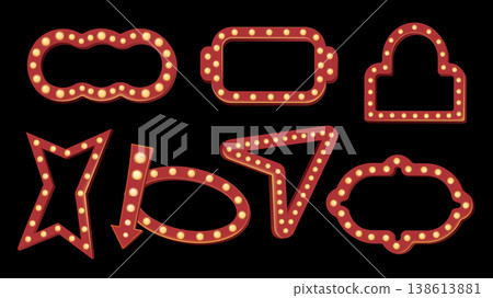 Retro light bulb frames elements set design. Collection with different shapes retro illuminated signboards for cinema, theatre, circus show, casino club, vintage banner and arrow. Vector illustration. Retro light bulb frames elements set design. Collection with different shapes retro illuminated signboards for cinema, theatre, circus show, casino club, vintage banner and arrow. Vector illustration. 138613881