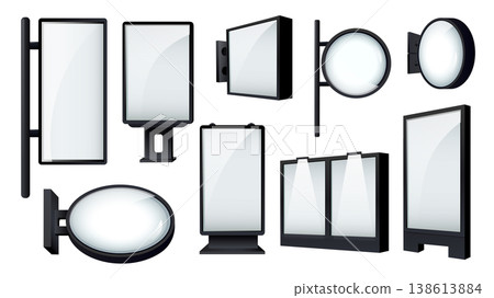 Realistic billboard mockups elements set design. Collection with square and round outdoor lightboxes, empty advertising billboard, street shield displays, screens in metal frames. Vector illustration. Realistic billboard mockups elements set design. Collection with square and round outdoor lightboxes, empty advertising billboard, street shield displays, screens in metal frames. Vector illustration. 138613884