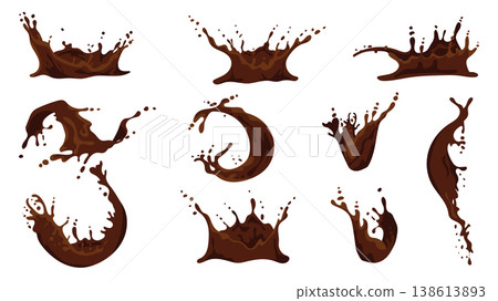 Chocolate splash elements set design. Collection with brown cocoa or coffee splatters, fluid motions of liquid food product with waves and droplets, falling and melting dessert. Vector illustration. 138613893