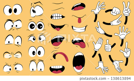 Cartoon face expression elements set design. Collection with comic eyes, mouths, hand for scared, angry, annoyed, surprised, loving, teasing, laughing, smiling, more emotions. Vector illustration. 138613894