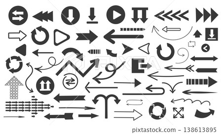 Arrows and pointers elements set design. Collection with black cursors and simple direction buttons, pictograms of download, right, left, next, play, scroll, attachment, more. Vector illustration. Arrows and pointers elements set design. Collection with black cursors and simple direction buttons, pictograms of download, right, left, next, play, scroll, attachment, more. Vector illustration. 138613895
