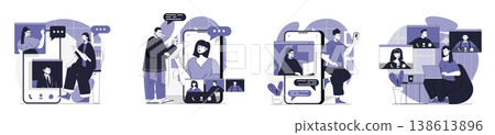 Video chatting concept set for web design. Collection with people connecting online and calling in zoom by mobile app or laptop programs, talking with friends and colleagues. Vector illustration. Video chatting concept set for web design. Collection with people connecting online and calling in zoom by mobile app or laptop programs, talking with friends and colleagues. Vector illustration. 138613896