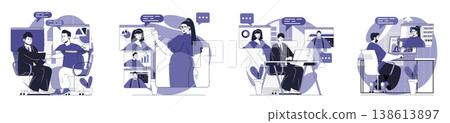 Video business conference concept set for web design. Collection with people briefing remotely and working by internet at global project, connecting online for doing tasks. Vector illustration. Video business conference concept set for web design. Collection with people briefing remotely and working by internet at global project, connecting online for doing tasks. Vector illustration. 138613897