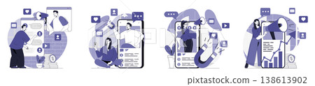 Social media marketing concept set for web design. Collection with people making online advertising in influencer blogs, attracting targeting audience, sharing promo information. Vector illustration. Social media marketing concept set for web design. Collection with people making online advertising in influencer blogs, attracting targeting audience, sharing promo information. Vector illustration. 138613902