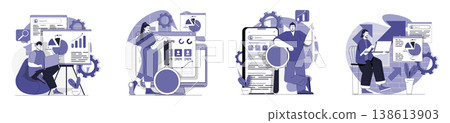 Seo analysis concept set for web design. Collection with people making data site analysis and researching webpage graph on screen, increasing traffic with keywords for ranking. Vector illustration. Seo analysis concept set for web design. Collection with people making data site analysis and researching webpage graph on screen, increasing traffic with keywords for ranking. Vector illustration. 138613903