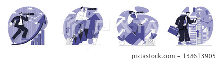 Searching opportunity concept set for web design. Collection with people looking new career directions, creating success strategy for achieving job goals and business vision. Vector illustration. 138613905