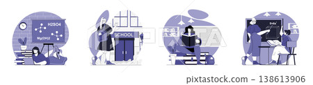 School learning concept set for web design. Collection with people studying chemistry or geometry, reading books, answering to teacher at lessons, preparing to seminars and exams. Vector illustration. School learning concept set for web design. Collection with people studying chemistry or geometry, reading books, answering to teacher at lessons, preparing to seminars and exams. Vector illustration. 138613906