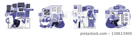Programmer working concept set for web design. Collection with people programming and coding at different screens, engineering and creating software, making app optimization. Vector illustration. 138613909