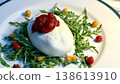 Fresh Burrata Cheese with Arugula and Roasted Cherry Tomatoes Gourmet Italian Dish 138613910