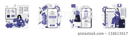 Mobile banking concept set for web design. Collection with people manage credit cards and financial accounts in application, make transactions, sending money, exchange currency. Vector illustration. Mobile banking concept set for web design. Collection with people manage credit cards and financial accounts in application, make transactions, sending money, exchange currency. Vector illustration. 138613917