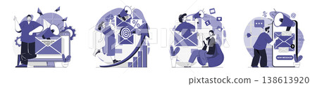 Email marketing concept set for web design. Collection with people making online advertising with digital letters, sending promo information and connecting with customer mails. Vector illustration. Email marketing concept set for web design. Collection with people making online advertising with digital letters, sending promo information and connecting with customer mails. Vector illustration. 138613920