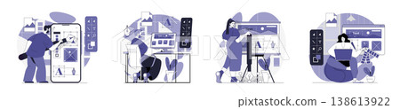 Designer studio concept set for web design. Collection with people working in creative agency, creating graphics and drawing images, editing, selecting colours for site layout. Vector illustration. Designer studio concept set for web design. Collection with people working in creative agency, creating graphics and drawing images, editing, selecting colours for site layout. Vector illustration. 138613922