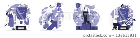 Business award concept set for web design. Collection with people achieving career goals and progress, celebrating victory with golden trophy cup, increasing money and rewards. Vector illustration. Business award concept set for web design. Collection with people achieving career goals and progress, celebrating victory with golden trophy cup, increasing money and rewards. Vector illustration. 138613931