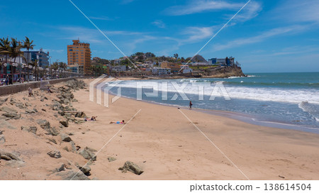 Mazatlan, Mexico - May 14, 2019: Travel destination. Sea beach landscape. Sandy beach. Vacation on summer. Sea travel. Beach landscape of seaside city for summer vacation. Summer vacation Mazatlan, Mexico - May 14, 2019: Travel destination. Sea beach landscape. Sandy beach. Vacation on summer. Sea travel. Beach landscape of seaside city for summer vacation. Summer vacation 138614504