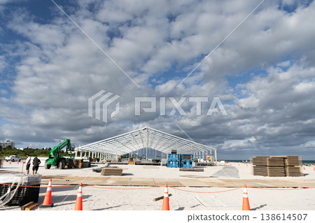 Miami, Florida, USA - November 16, 2024: Structural design engineering. Structure engineering at building site. Framework construction. Installation of metal structure in Miami. Metal construction Miami, Florida, USA - November 16, 2024: Structural design engineering. Structure engineering at building site. Framework construction. Installation of metal structure in Miami. Metal construction 138614507