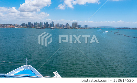 Bay with tranquil water At California In San Diego. Coast city. Aerial cityscape of bay with building and ocean. Skyline and cityscape. San Diego Bay. Bay with tranquil water At California In San Diego. Coast city. Aerial cityscape of bay with building and ocean. Skyline and cityscape. San Diego Bay. 138614520