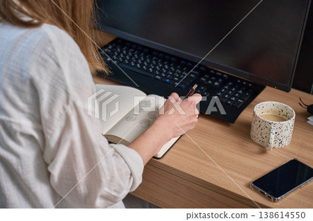 Woman drawing in notebook at desk with monitor, keyboard, mug and smartphone Woman drawing in notebook at desk with monitor, keyboard, mug and smartphone 138614550