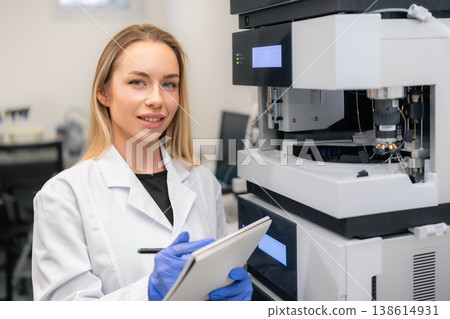 Laboratory technician documenting data while operating sophisticated analytical equipment HPLC in clinical environment. Bright workspace with modern technology and precision tools visible in Laboratory technician documenting data while operating sophisticated analytical equipment HPLC in clinical environment. Bright workspace with modern technology and precision tools visible in 138614931