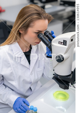 A professional researcher examines green biological samples through a high quality microscope at a laboratory workstation. A professional researcher examines green biological samples through a high quality microscope at a laboratory workstation. 138614955