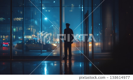 An officer stands at a glass facade of an office building during night. Cars move by in background with bright city lights in view. The scene captures a busy urban atmosphere. 138614977