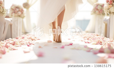 新娘沿著鋪滿粉紅色花瓣的走道緩緩走來。 138615175
