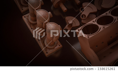 Engine Cylinder Block And Pistons Mechanical Parts 3d render. Engine Cylinder Block And Pistons Mechanical Parts 3d render. 138615261