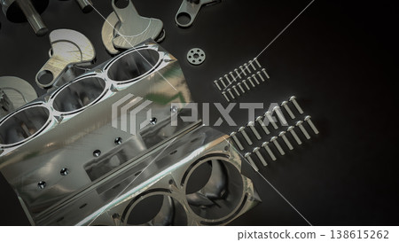 Shiny Engine Cylinder Block And Pistons Mechanical Parts 3d render. 138615262