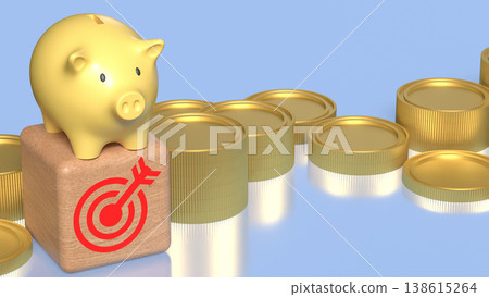 Golden Piggy Bank on Growth Coins Financial Investment Concept 3d render. Golden Piggy Bank on Growth Coins Financial Investment Concept 3d render. 138615264