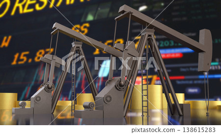 Oil Pump Jack With Stock Market And Gold Coins Concept 3d render. Oil Pump Jack With Stock Market And Gold Coins Concept 3d render. 138615283