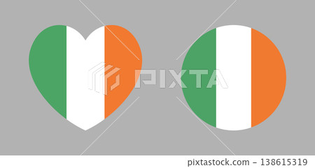 Irish flag badge, sticker in heart, round shapes. Flag of Ireland heart, circular button, icon. Set of flags circle, heart shaped banner, background. 138615319