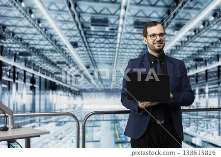 Manage resource allocation, microchip and portrait of smiling man using laptop in factory. Analyzing industry 4.0 plant operations efficiency, semiconductors and happy director on elevated platform Manage resource allocation, microchip and portrait of smiling man using laptop in factory. Analyzing industry 4.0 plant operations efficiency, semiconductors and happy director on elevated platform 138615826