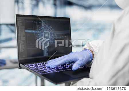 Using AI neural network, laptop closeup and engineer in microchip factory visualizing machinery sensors data. Using machine learning algorithms, industry 4.0 and technician in PCB manufacturing plant Using AI neural network, laptop closeup and engineer in microchip factory visualizing machinery sensors data. Using machine learning algorithms, industry 4.0 and technician in PCB manufacturing plant 138615878