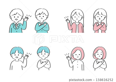一組人們做出「OK」和「NG」手勢的圖片素材 | 簡潔、可愛、易於使用的插圖 138616252