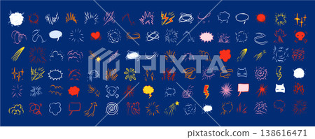 Color comic effect manga elements set on blue background. Vibrant neon blasts, rockets, starbursts and speech 138616471