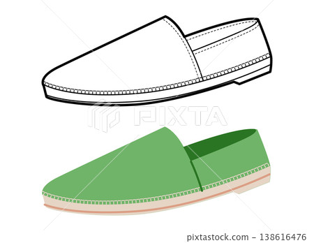 Green espadrille flat shoe women flat plus line set. Stitch detail canvas footwear for fashion catalog travel project. Green espadrille flat shoe women flat plus line set. Stitch detail canvas footwear for fashion catalog travel project. 138616476