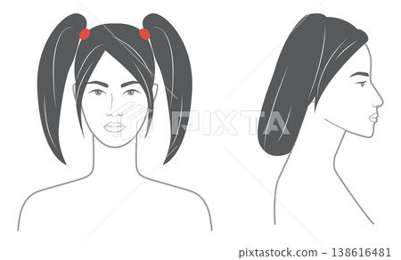 Bunches Pigtail hairstyle black white front profile views, double ponytails structure for avatar, salon visuals, beauty 138616481