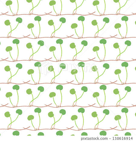 Seamless pattern background material featuring rows of roots creeping alongside centella asiatica. 138616914