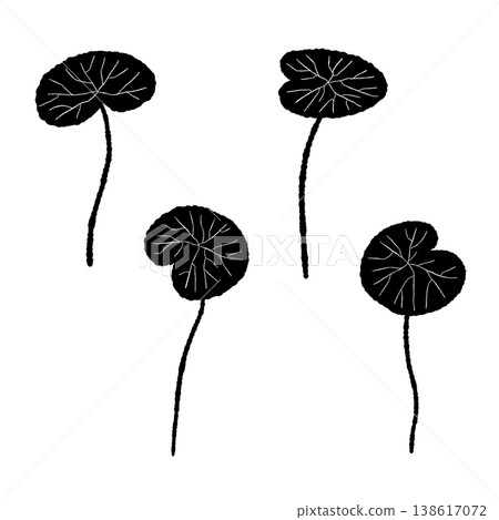 A set of monochrome silhouette illustrations of four leaves with a stem attached to a centella asiatica plant. 138617072