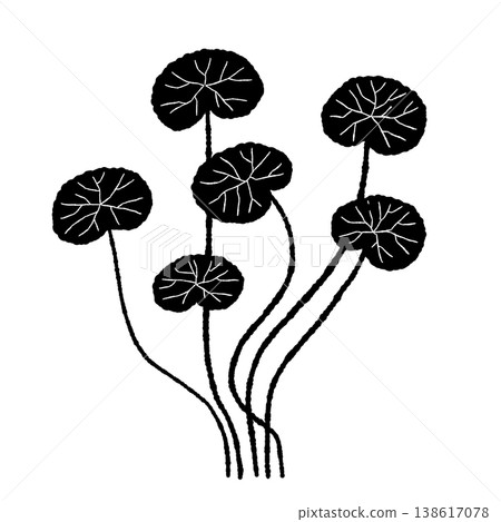 A monochrome silhouette illustration of a dense cluster of Centella asiatica leaves. A monochrome silhouette illustration of a dense cluster of Centella asiatica leaves. 138617078