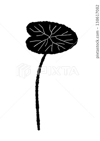 A monochrome silhouette illustration of a centella asiatica plant with a slightly curved stem and elongated leaves. 138617082