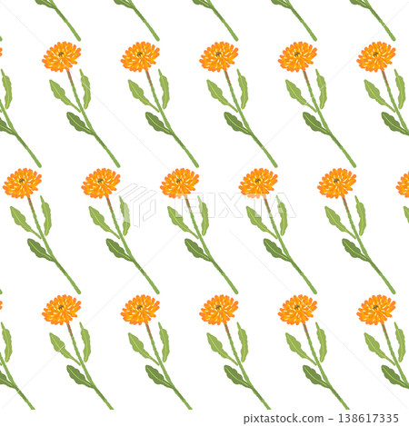 Seamless pattern background featuring calendula flowers with stems arranged diagonally. Seamless pattern background featuring calendula flowers with stems arranged diagonally. 138617335