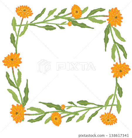 金盞花和葉子的方形邊框插圖 138617341