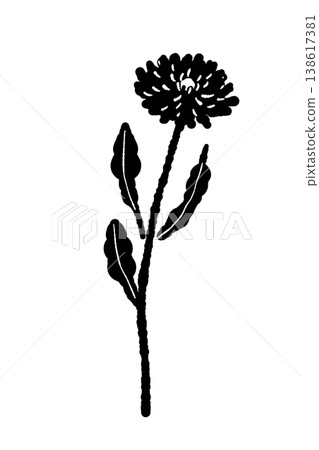 A monochrome silhouette illustration of a single calendula flower with a straight stem. A monochrome silhouette illustration of a single calendula flower with a straight stem. 138617381