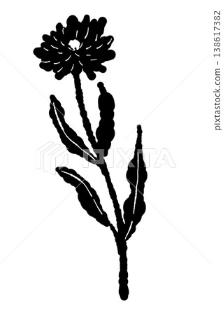 A monochrome silhouette illustration of a single calendula flower with a curved stem. 138617382