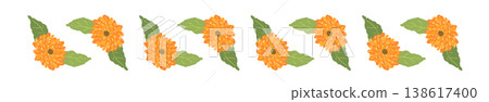 A horizontal border illustration featuring alternating calendula flowers and leaves. A horizontal border illustration featuring alternating calendula flowers and leaves. 138617400