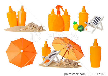 Set of different beach gear with shells, PNG Set of different beach gear with shells, PNG 138617463