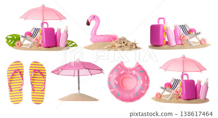 Various pink beach items placed in sand for summer fun, PNG Various pink beach items placed in sand for summer fun, PNG 138617464