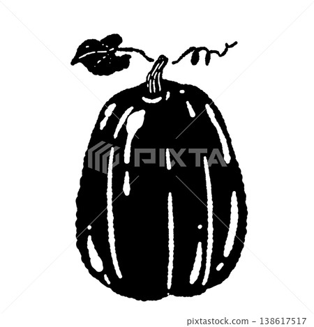 A monochrome silhouette illustration of a tall, slender pumpkin with a vine (faceless, single pumpkin). 138617517