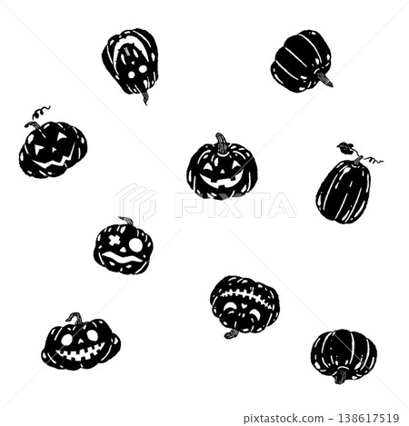 A monochrome silhouette illustration of scattered Halloween pumpkins (jack-o'-lanterns). A monochrome silhouette illustration of scattered Halloween pumpkins (jack-o'-lanterns). 138617519