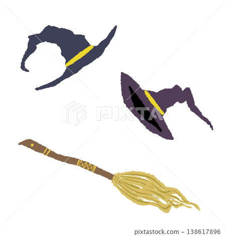 Hand-drawn illustration of a witch's hat and broom flying through the sky. 138617896